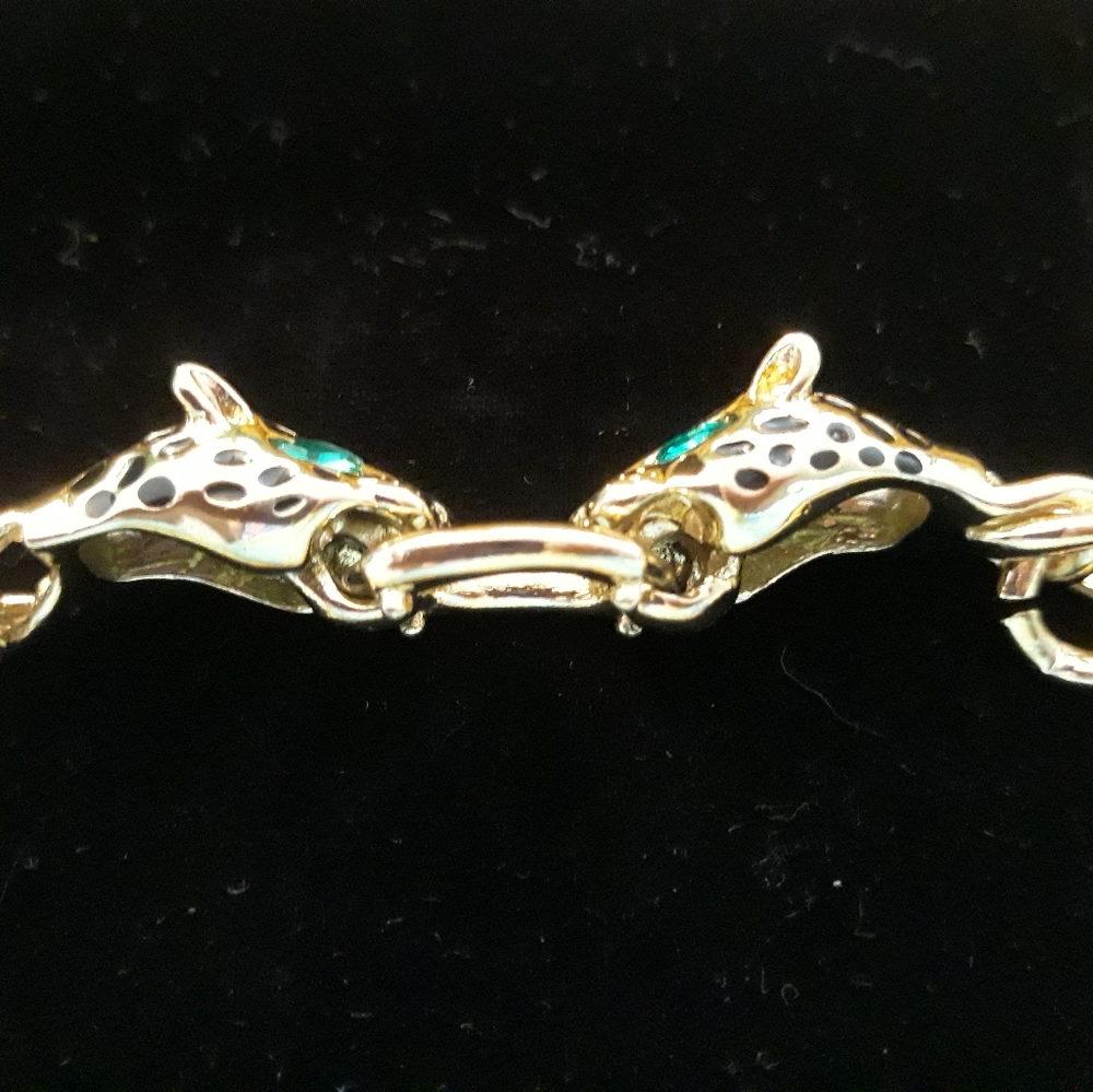 Vintage Double Leopard Head with Green Rhinestone Eyes Chunky Chain Bracelet - Picture 6 of 15